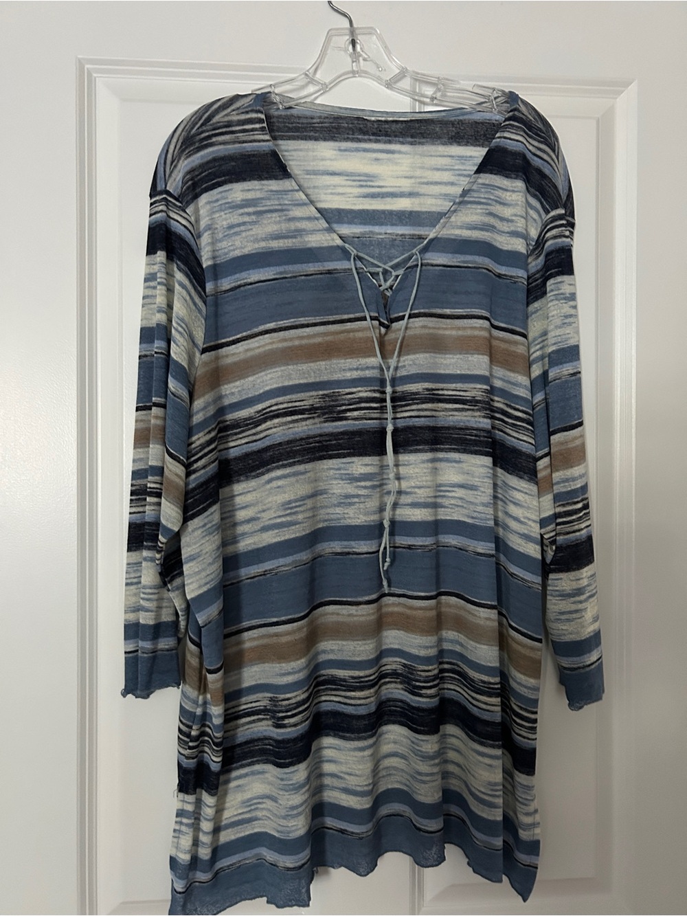 Striped Lace-Up Long Sleeve Tee in Blue and Brown